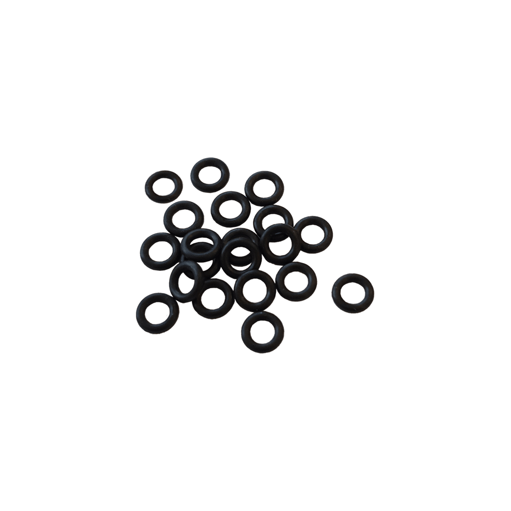 Auf dem Bild sind zwanzig schwarze Gummiringe zu sehen. Es handelt sich um ein Set von Shaftgummis (20er Set).